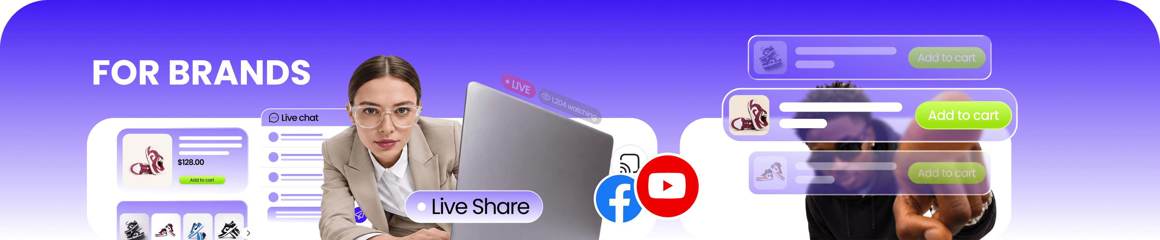 For brands: host presenting a live stream with product cards, live chat, and Facebook and YouTube sharing