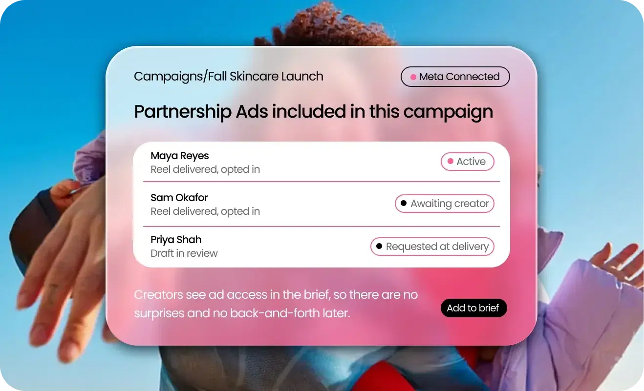 Partnership Ads included in this campaign. Creators see ad access in the brief, so there are no surprises and no back-and-forth later.