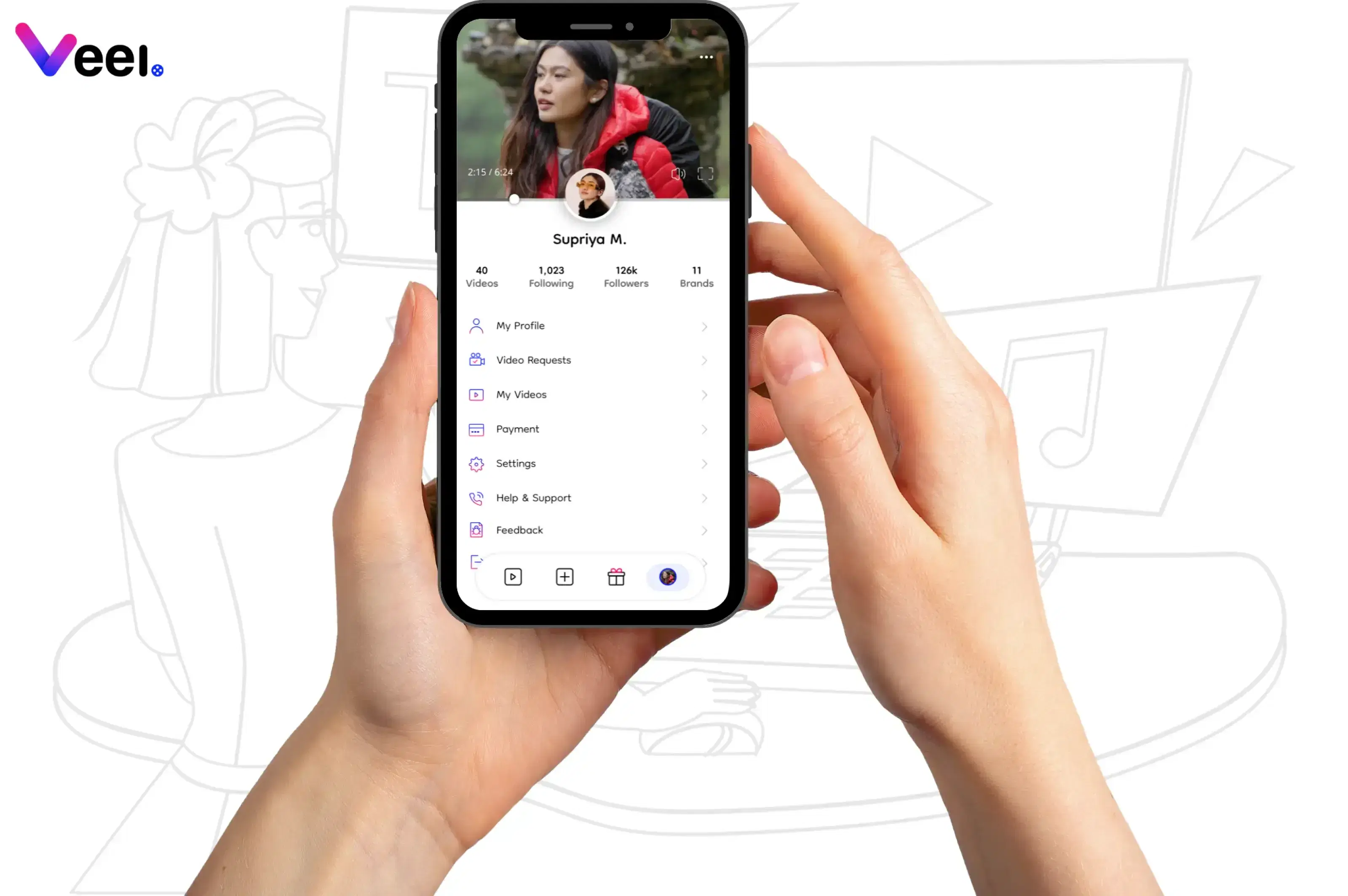 An image of a content creator’s profile on Veel mobile app.