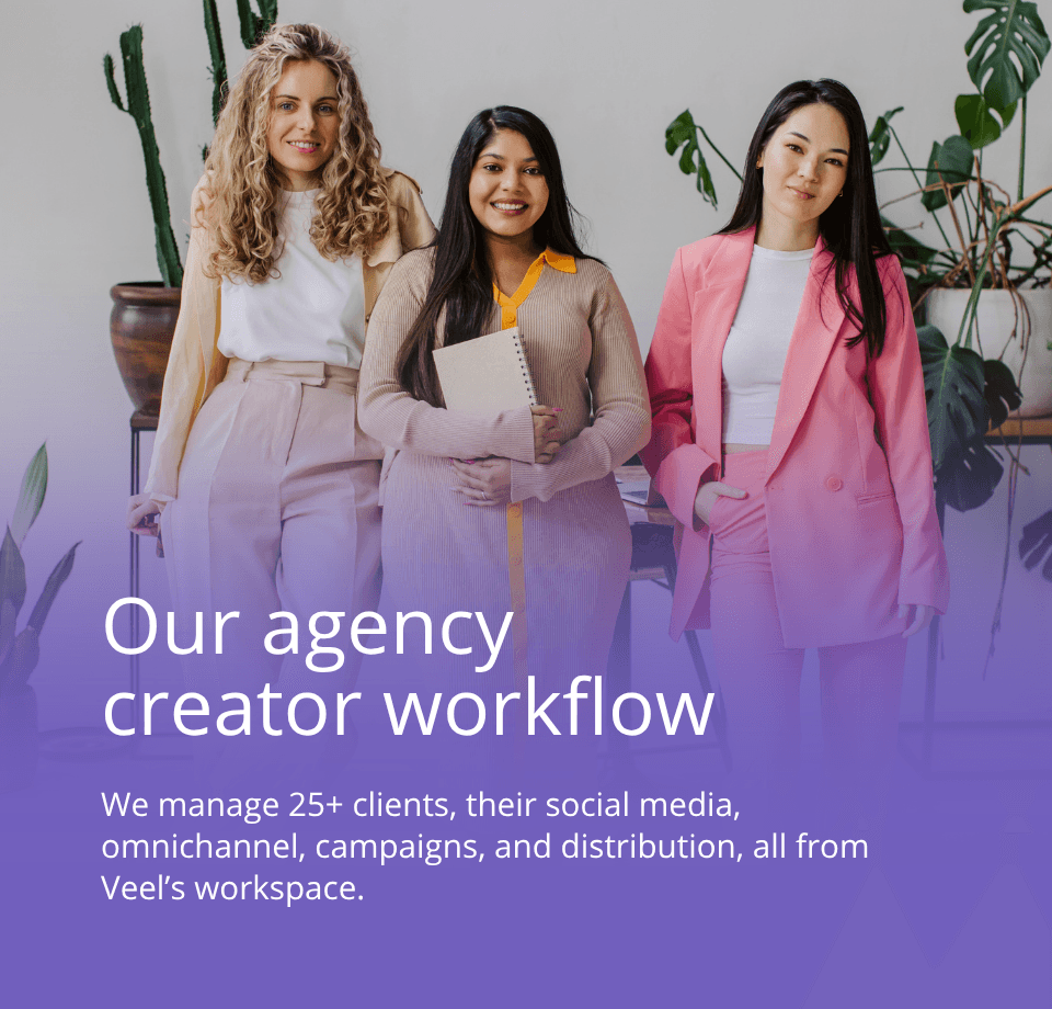 An agency manages 25+ clients, their social media, omnichannel campaigns, and distribution from Veel's workspace.